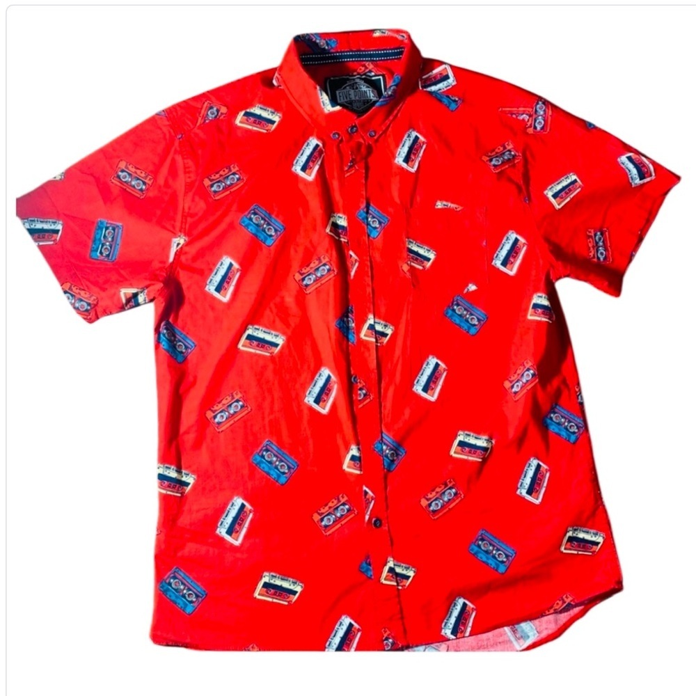 Retro Design Five Points Red Graphic Men's Shirt Buttoned SZ Slim Fit Flex XL.